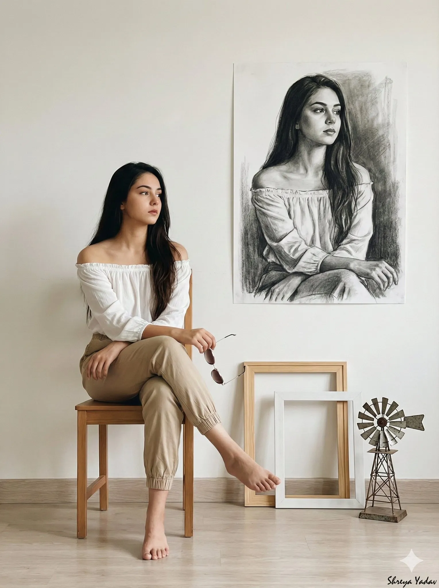 Banana prompt for woman sitting on wooden chair looking at portrait art
